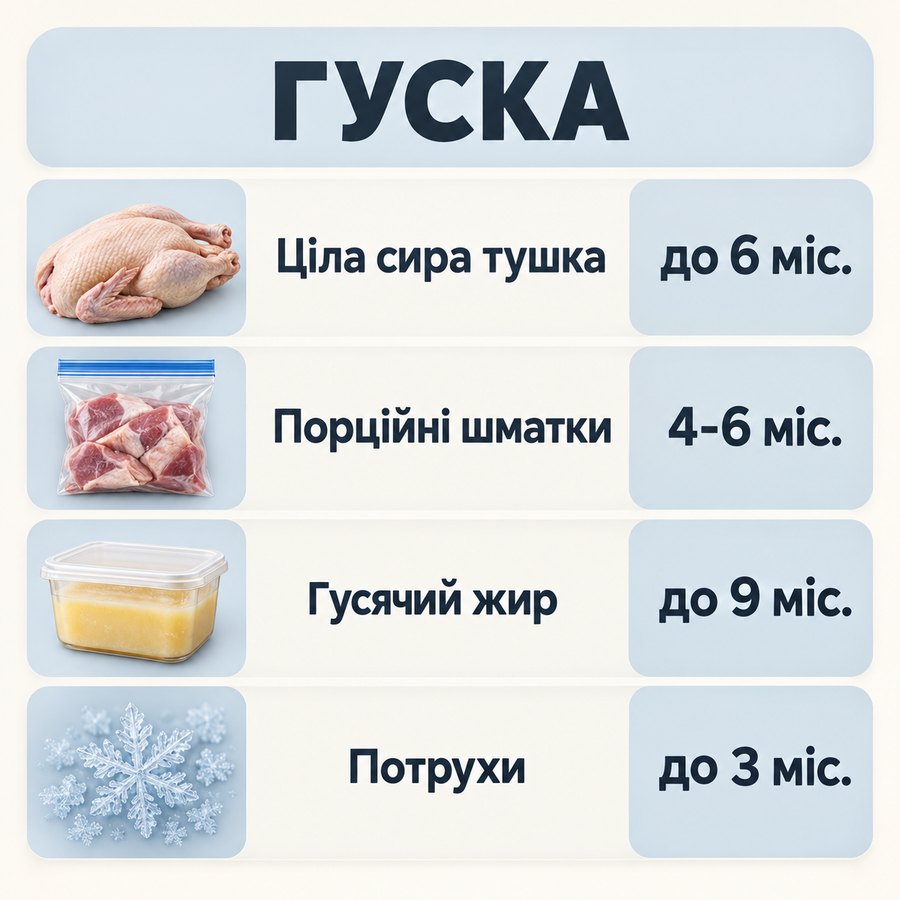 Терміни зберігання в морозилці: Гуска - Ціла сира тушка до 6 міс., Порційні шматки 4-6 міс., Гусячий жир до 9 міс., Потрухи до 3 міс.