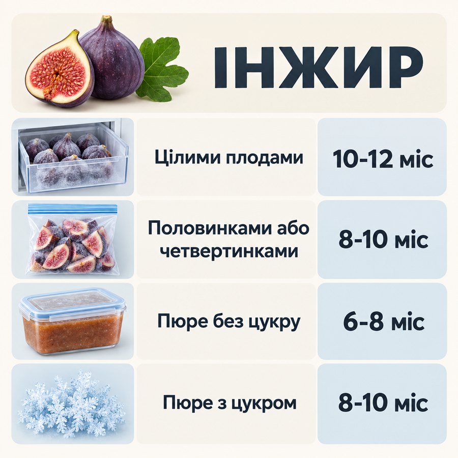Терміни зберігання в морозилці: Інжир - Цілими плодами 10-12 міс, Половинками або четвертинками 8-10 міс, Пюре без цукру 6-8 міс, Пюре з цукром 8-10 міс