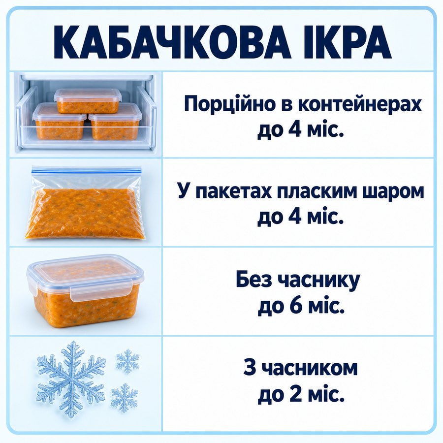 Терміни зберігання в морозилці: Кабачкова ікра - Порційно в контейнерах до 4 міс., У пакетах пласким шаром до 4 міс., Без часнику до 6 міс., З часником до 2 міс.