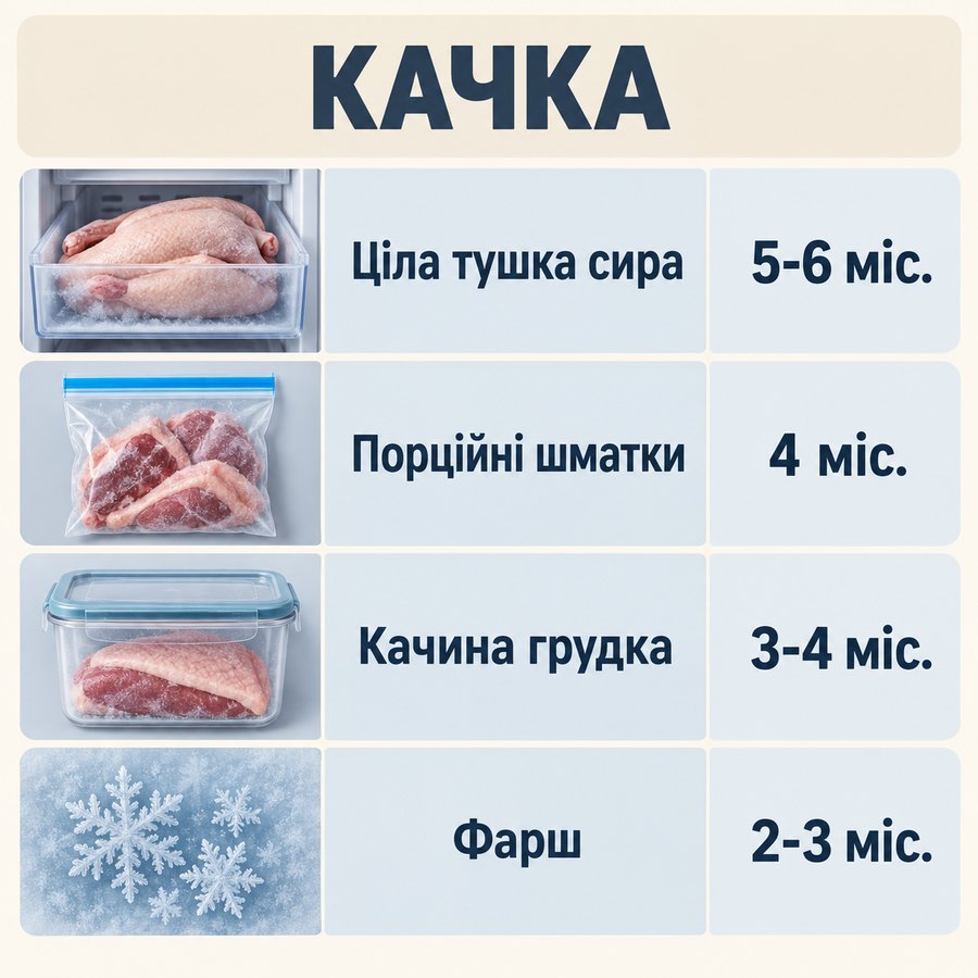 Терміни зберігання в морозилці: Качка - Ціла тушка сира 5-6 міс., Порційні шматки 4 міс., Качина грудка 3-4 міс., Фарш 2-3 міс.