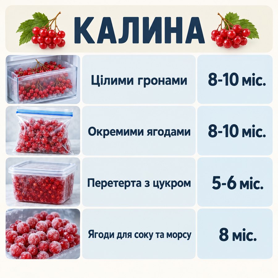 Терміни зберігання в морозилці: Калина - Цілими гронами 8-10 міс., Окремими ягодами 8-10 міс., Перетерта з цукром 5-6 міс., Ягоди для соку та морсу 8 міс.