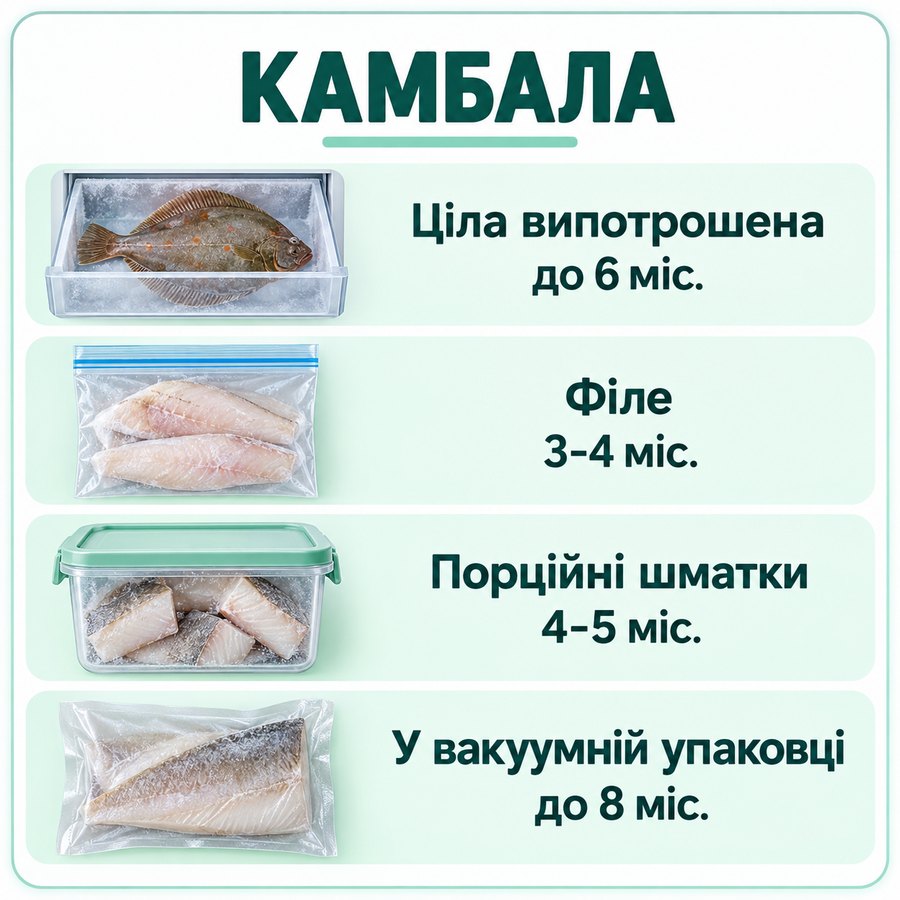 Терміни зберігання в морозилці: Камбала - Ціла випотрошена до 6 міс., Філе 3-4 міс., Порційні шматки 4-5 міс., У вакуумній упаковці до 8 міс.