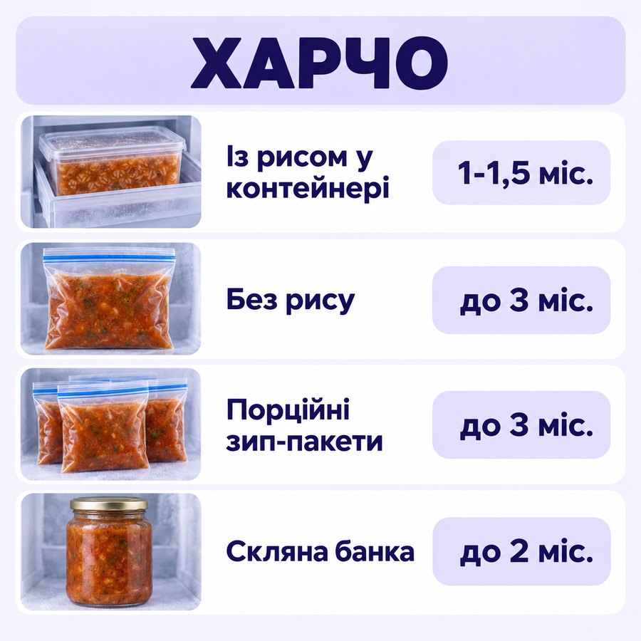 Терміни зберігання в морозилці: Харчо - Із рисом у контейнері 1-1,5 міс., Без рису до 3 міс., Порційні зип-пакети до 3 міс., Скляна банка до 2 міс.