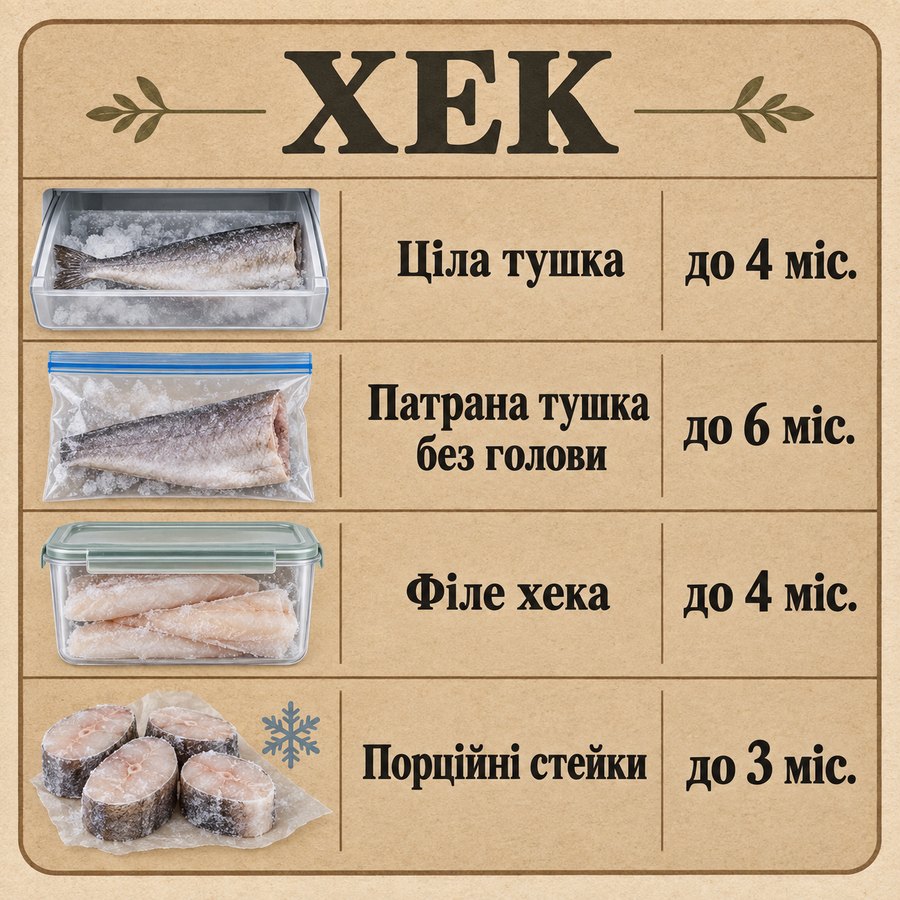 Терміни зберігання в морозилці: Хек - Ціла тушка до 4 міс., Патрана тушка без голови до 6 міс., Філе хека до 4 міс., Порційні стейки до 3 міс.