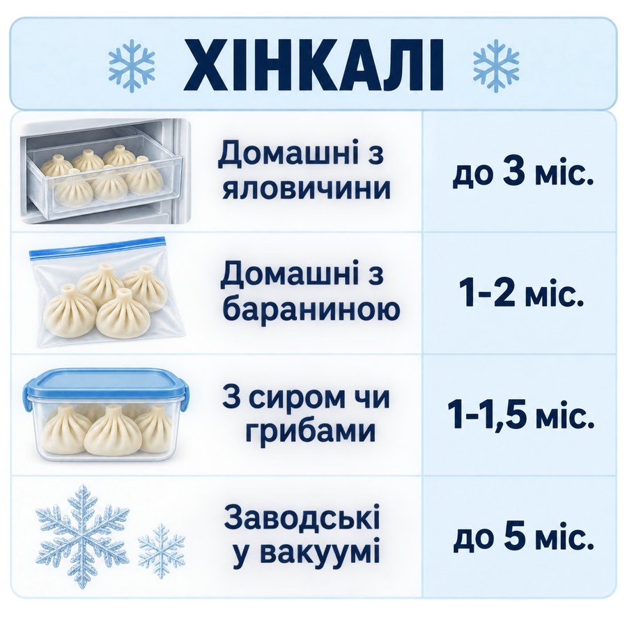 Терміни зберігання в морозилці: Хінкалі - Домашні з яловичини до 3 міс., Домашні з бараниною 1-2 міс., З сиром чи грибами 1-1,5 міс., Заводські у вакуумі до 5 міс.