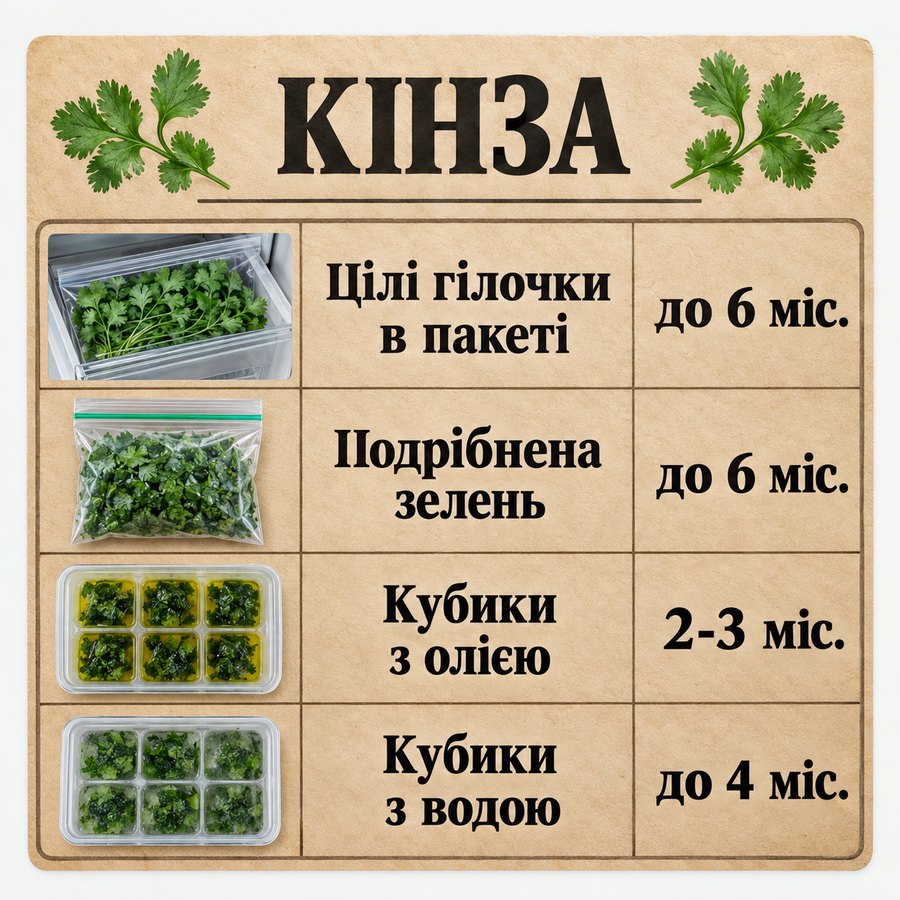 Терміни зберігання в морозилці: Кінза - Цілі гілочки в пакеті до 6 міс., Подрібнена зелень до 6 міс., Кубики з олією 2-3 міс., Кубики з водою до 4 міс.