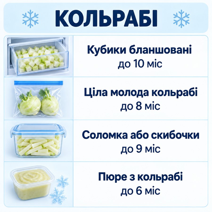 Терміни зберігання в морозилці: Кольрабі - Кубики бланшовані до 10 міс, Ціла молода кольрабі до 8 міс, Соломка або скибочки до 9 міс, Пюре з кольрабі до 6 міс