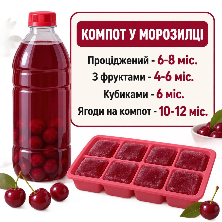 Терміни зберігання компоту в морозилці: проціджений 6-8 місяців, з фруктами 4-6, кубиками 6 місяців, ягоди на компот 10-12 місяців