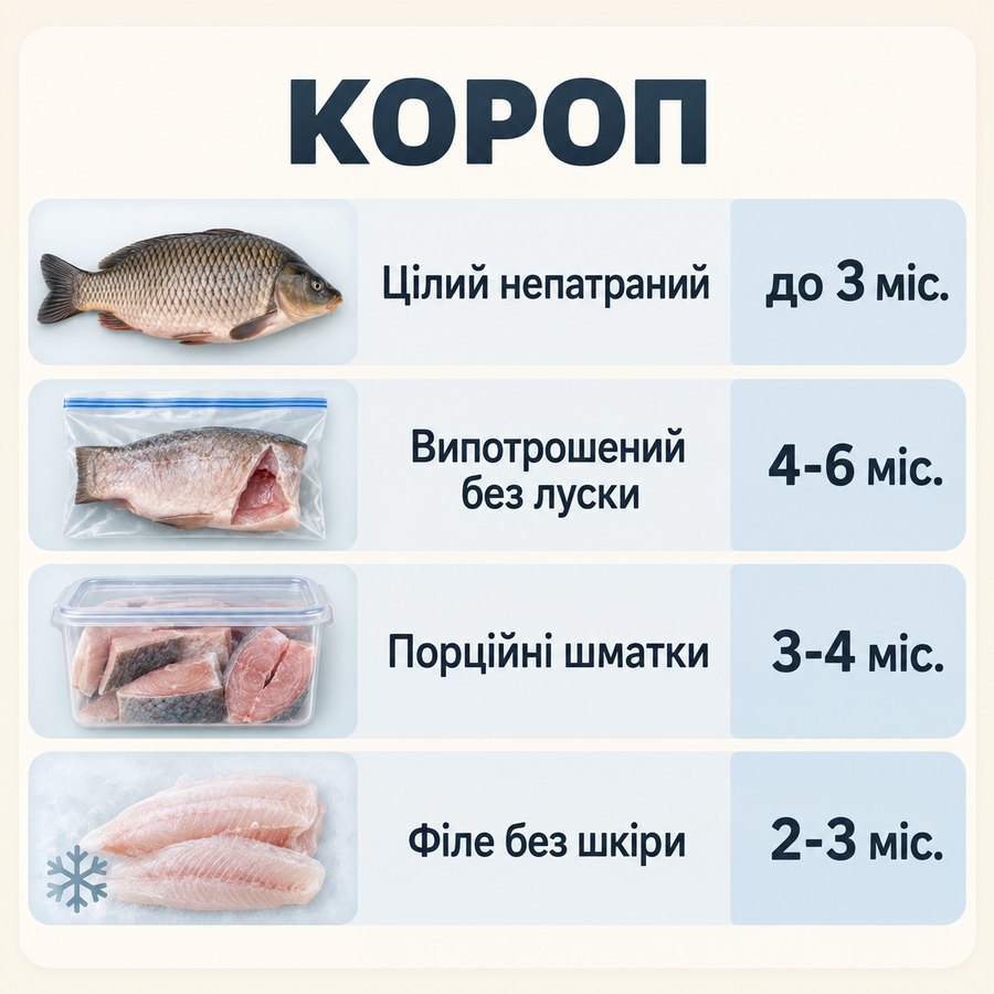 Терміни зберігання в морозилці: Короп - Цілий непатраний до 3 міс., Випотрошений без луски 4-6 міс., Порційні шматки 3-4 міс., Філе без шкіри 2-3 міс.