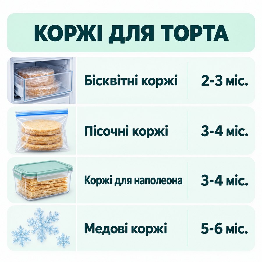 Терміни зберігання в морозилці: Коржі для торта - Бісквітні коржі 2-3 міс., Пісочні коржі 3-4 міс., Коржі для наполеона 3-4 міс., Медові коржі 5-6 міс.