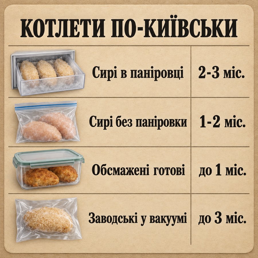 Терміни зберігання в морозилці: Котлети по-київськи - Сирі в паніровці 2-3 міс., Сирі без паніровки 1-2 міс., Обсмажені готові до 1 міс., Заводські у вакуумі до 3 міс.