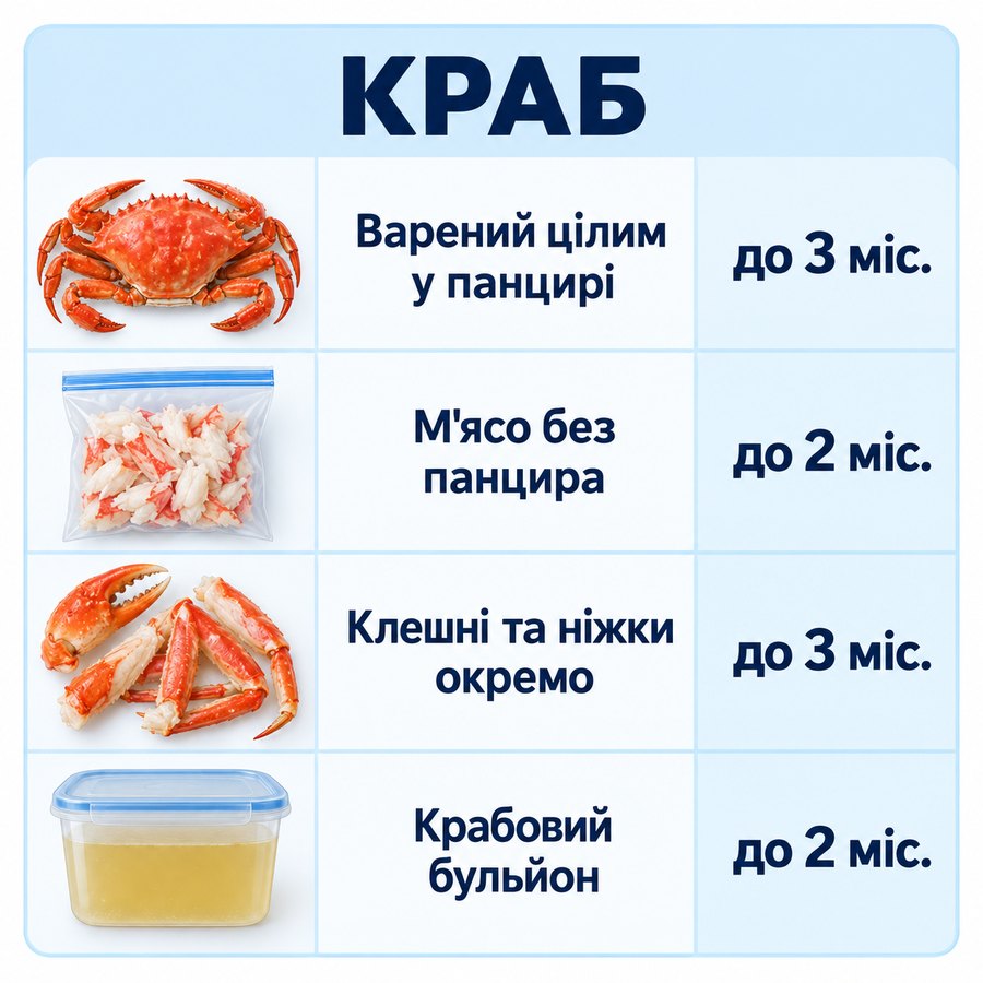 Терміни зберігання в морозилці: Краб - Варений цілим у панцирі до 3 міс., М'ясо без панцира до 2 міс., Клешні та ніжки окремо до 3 міс., Крабовий бульйон до 2 міс.