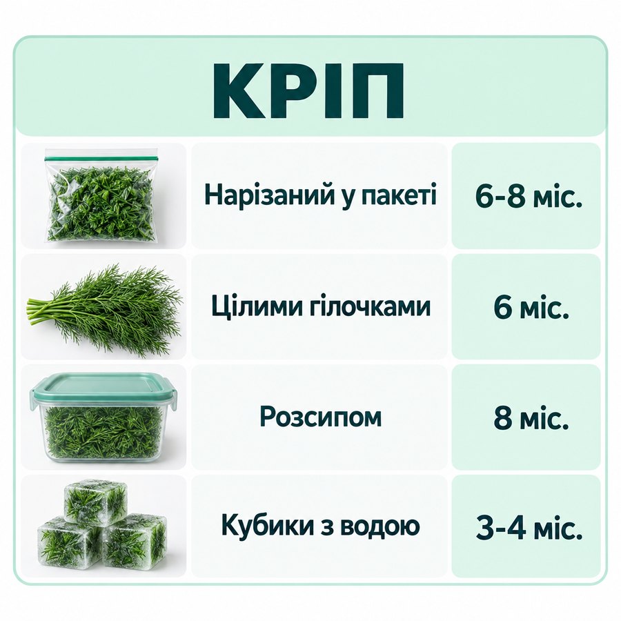Терміни зберігання в морозилці: Кріп - Нарізаний у пакеті 6-8 міс., Цілими гілочками 6 міс., Розсипом 8 міс., Кубики з водою 3-4 міс.