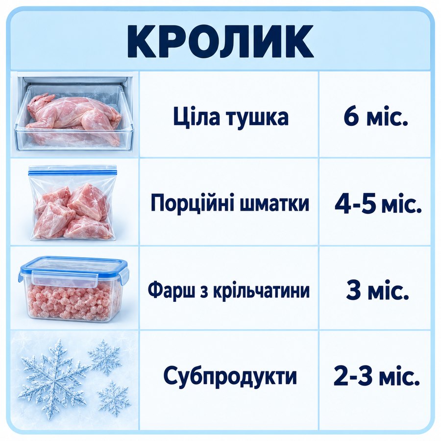 Терміни зберігання в морозилці: Кролик - Ціла тушка 6 міс., Порційні шматки 4-5 міс., Фарш з крільчатини 3 міс., Субпродукти 2-3 міс.