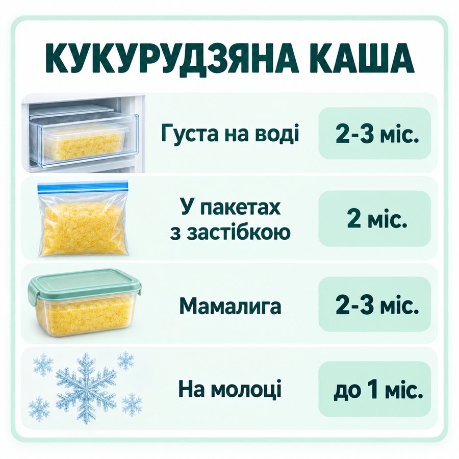 Терміни зберігання в морозилці: Кукурудзяна каша - Густа на воді 2-3 міс., У пакетах з застібкою 2 міс., Мамалига 2-3 міс., На молоці до 1 міс.