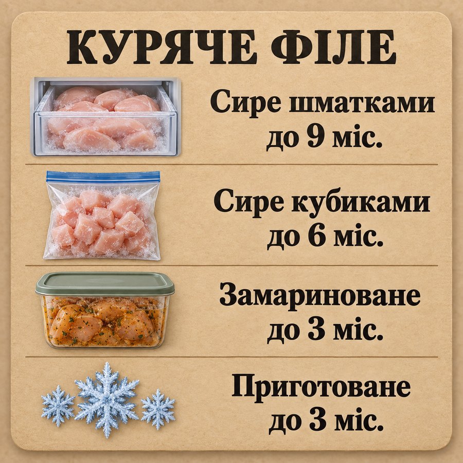 Терміни зберігання в морозилці: Куряче філе - Сире шматками до 9 міс., Сире кубиками до 6 міс., Замариноване до 3 міс., Приготоване до 3 міс.
