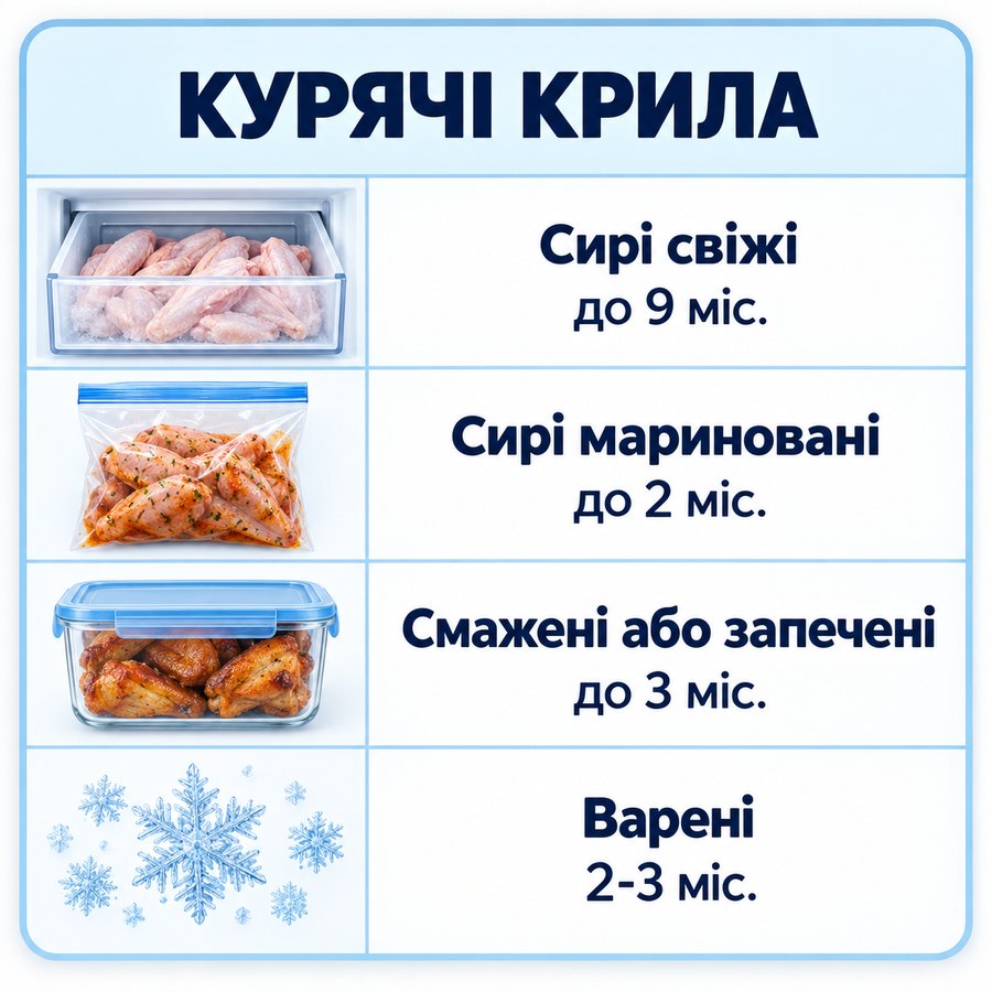 Терміни зберігання в морозилці: Курячі крила - Сирі свіжі до 9 міс., Сирі мариновані до 2 міс., Смажені або запечені до 3 міс., Варені 2-3 міс.