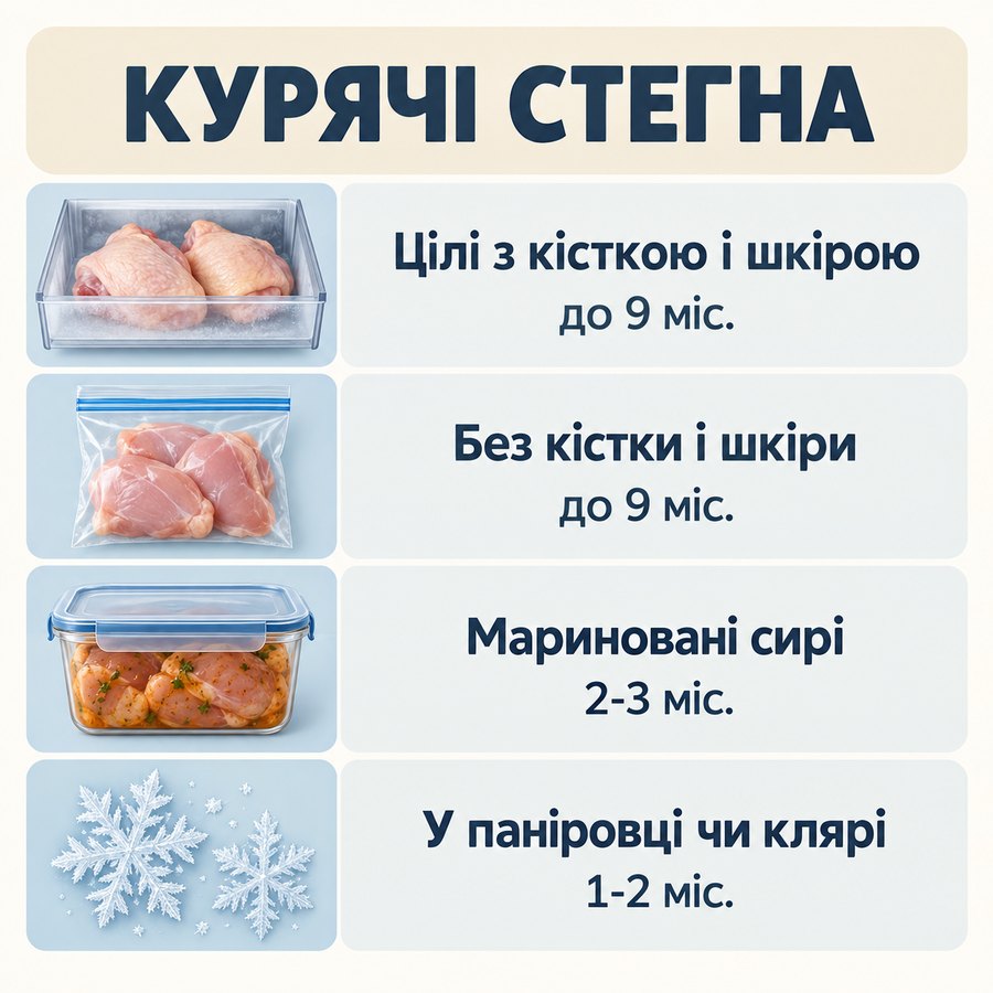Терміни зберігання в морозилці: Курячі стегна - Цілі з кісткою і шкірою до 9 міс., Без кістки і шкіри до 9 міс., Мариновані сирі 2-3 міс., У паніровці чи клярі 1-2 міс.