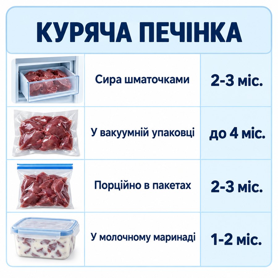 Терміни зберігання в морозилці: Куряча печінка - Сира шматочками 2-3 міс., У вакуумній упаковці до 4 міс., Порційно в пакетах 2-3 міс., У молочному маринаді 1-2 міс.