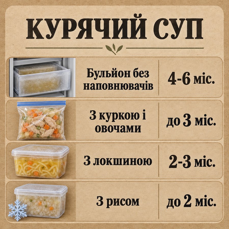 Терміни зберігання в морозилці: Курячий суп - Бульйон без наповнювачів 4-6 міс., З куркою і овочами до 3 міс., З локшиною 2-3 міс., З рисом до 2 міс.
