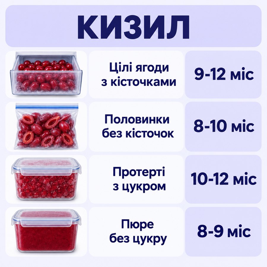 Терміни зберігання в морозилці: Кизил - Цілі ягоди з кісточками 9-12 міс, Половинки без кісточок 8-10 міс, Протерті з цукром 10-12 міс, Пюре без цукру 8-9 міс