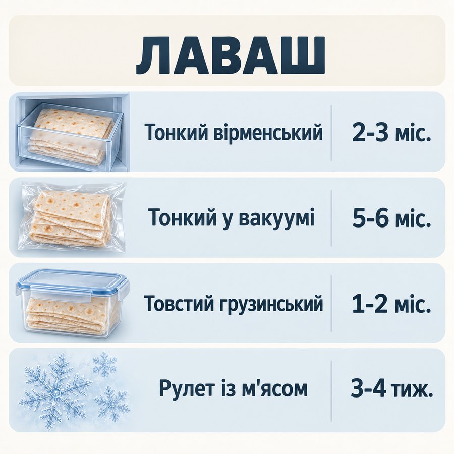 Терміни зберігання в морозилці: Лаваш - Тонкий вірменський 2-3 міс., Тонкий у вакуумі 5-6 міс., Товстий грузинський 1-2 міс., Рулет із м'ясом 3-4 тиж.