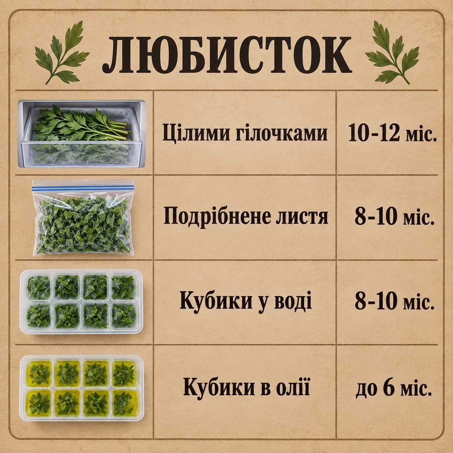 Терміни зберігання в морозилці: Любисток - Цілими гілочками 10-12 міс., Подрібнене листя 8-10 міс., Кубики у воді 8-10 міс., Кубики в олії до 6 міс.