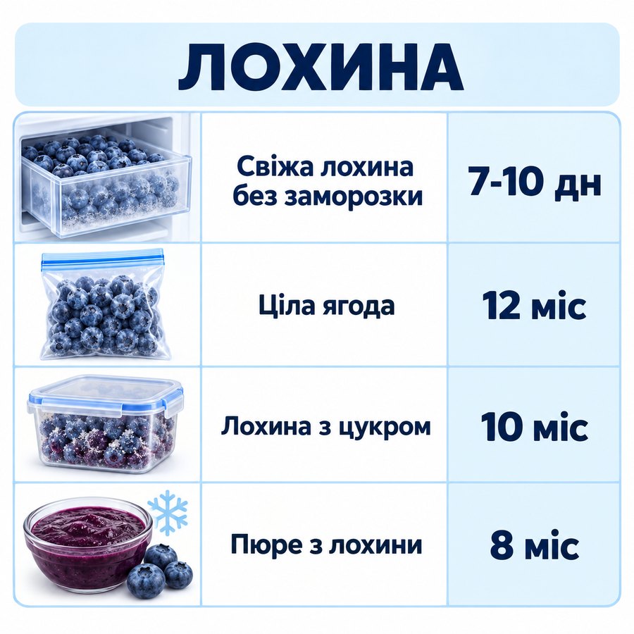 Терміни зберігання в морозилці: Лохина - Свіжа лохина без заморозки 7-10 дн, Ціла ягода 12 міс, Лохина з цукром 10 міс, Пюре з лохини 8 міс