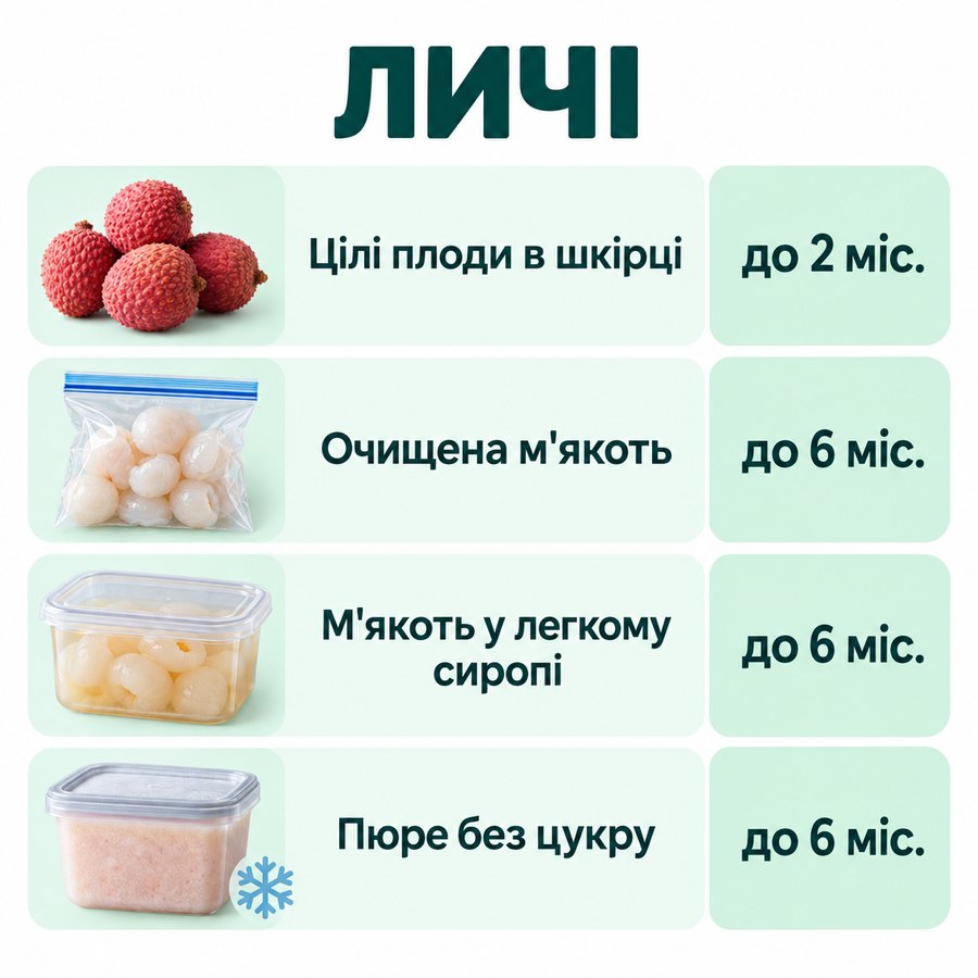 Терміни зберігання в морозилці: Личі - Цілі плоди в шкірці до 2 міс., Очищена м'якоть до 6 міс., М'якоть у легкому сиропі до 6 міс., Пюре без цукру до 6 міс.
