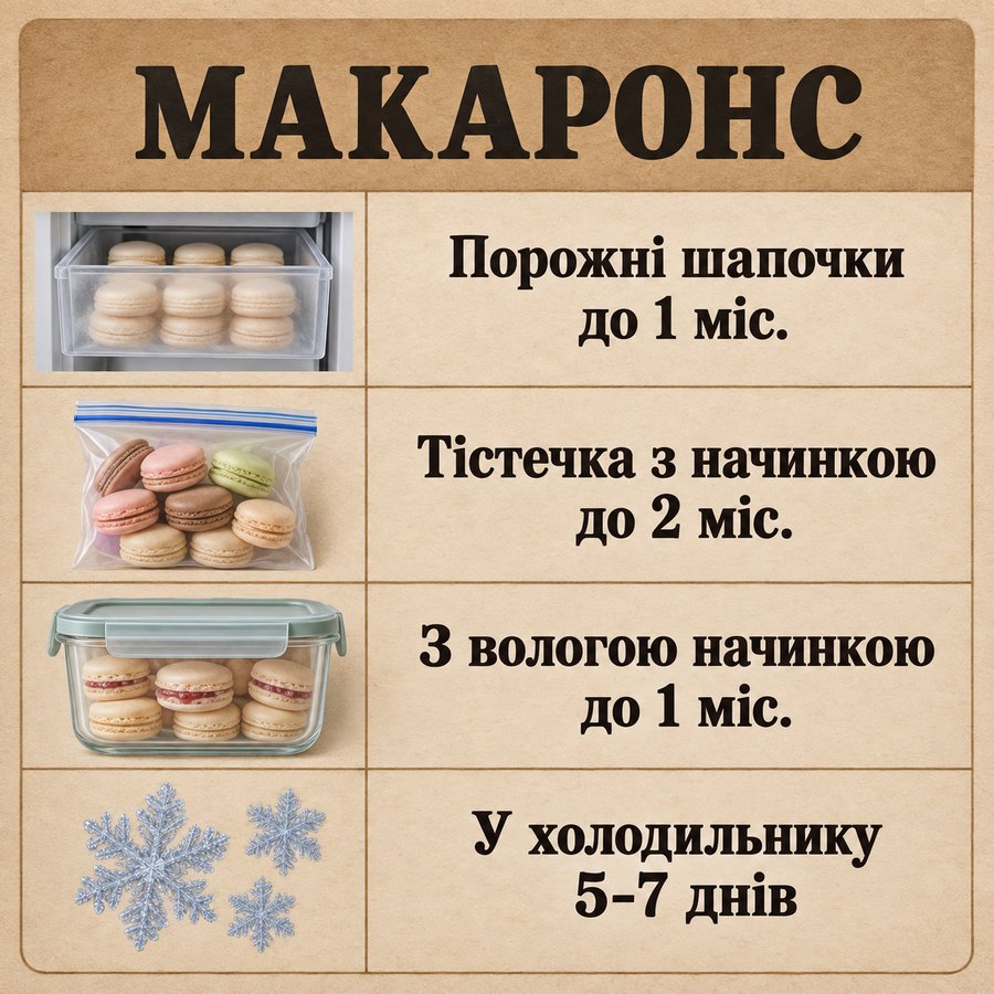 Терміни зберігання в морозилці: Макаронс - Порожні шапочки до 1 міс., Тістечка з начинкою до 2 міс., З вологою начинкою до 1 міс., У холодильнику 5-7 днів