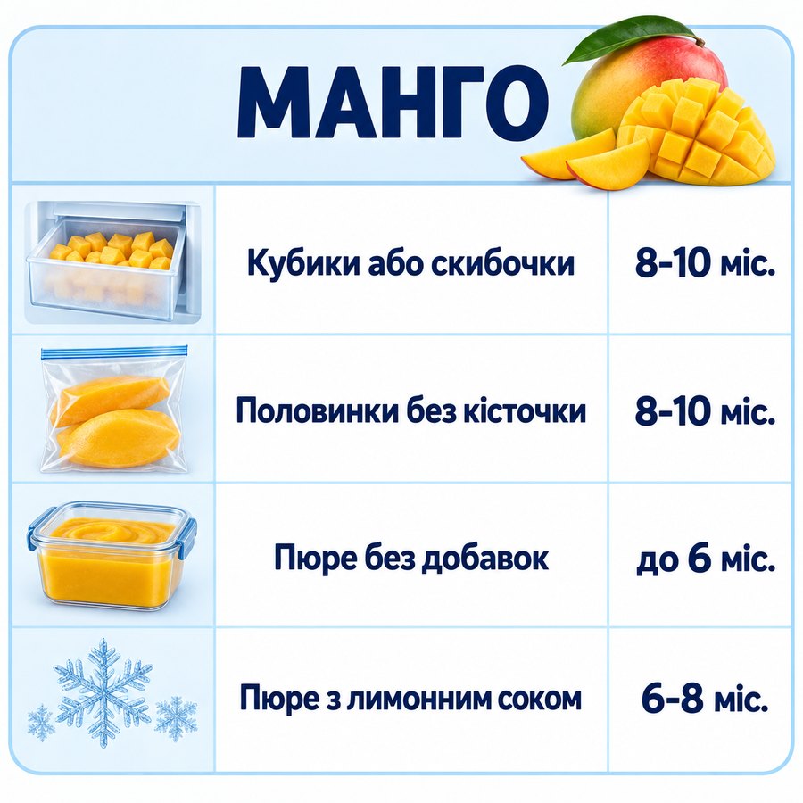 Терміни зберігання в морозилці: Манго - Кубики або скибочки 8-10 міс., Половинки без кісточки 8-10 міс., Пюре без добавок до 6 міс., Пюре з лимонним соком 6-8 міс.
