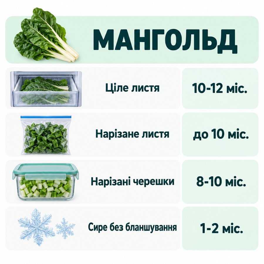 Терміни зберігання в морозилці: Мангольд - Ціле листя 10-12 міс., Нарізане листя до 10 міс., Нарізані черешки 8-10 міс., Сире без бланшування 1-2 міс.