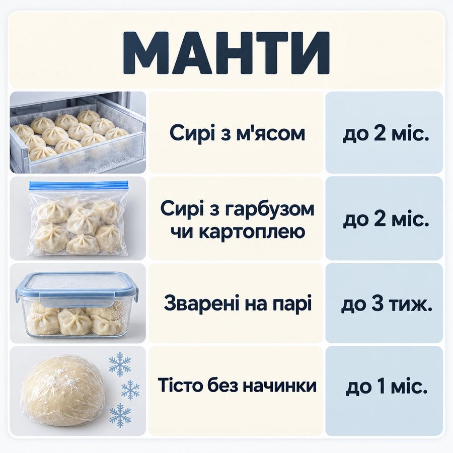 Терміни зберігання в морозилці: Манти - Сирі з м'ясом до 2 міс., Сирі з гарбузом чи картоплею до 2 міс., Зварені на парі до 3 тиж., Тісто без начинки до 1 міс.