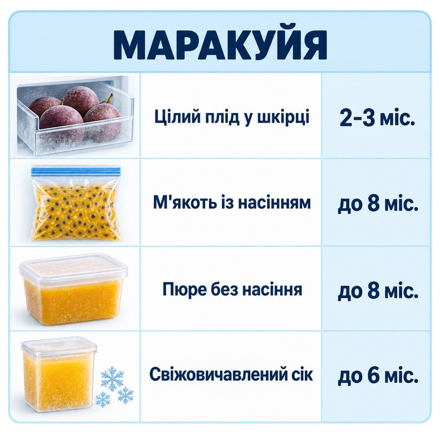 Терміни зберігання в морозилці: Маракуйя - Цілий плід у шкірці 2-3 міс., М'якоть із насінням до 8 міс., Пюре без насіння до 8 міс., Свіжовичавлений сік до 6 міс.