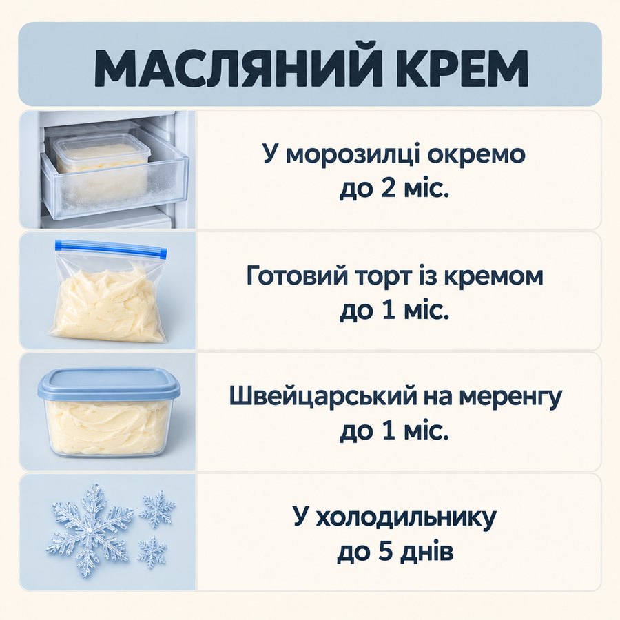 Терміни зберігання в морозилці: Масляний крем - У морозилці окремо до 2 міс., Готовий торт із кремом до 1 міс., Швейцарський на меренгу до 1 міс., У холодильнику до 5 днів