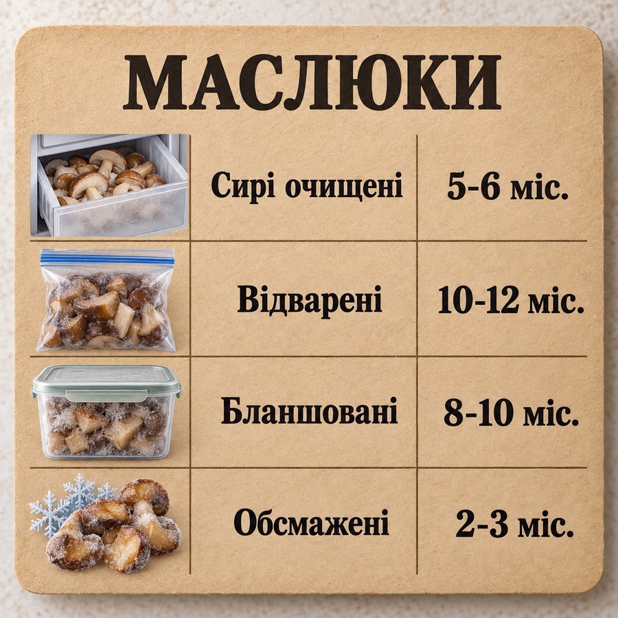 Терміни зберігання в морозилці: Маслюки - Сирі очищені 5-6 міс., Відварені 10-12 міс., Бланшовані 8-10 міс., Обсмажені 2-3 міс.