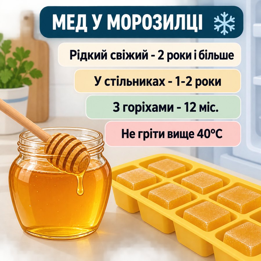 Терміни зберігання меду в морозилці: рідкий свіжий 2 роки і більше, у стільниках 1-2 роки, з горіхами 12 місяців, не гріти вище 40 градусів