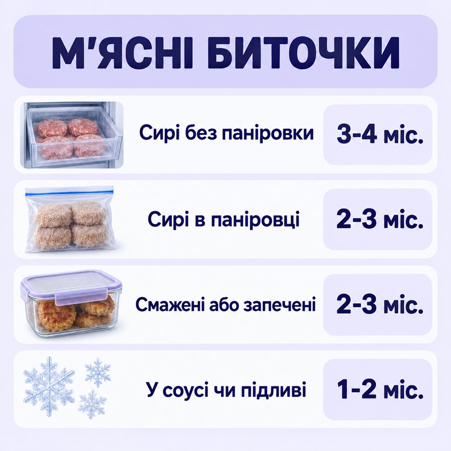 Терміни зберігання в морозилці: М'ясні биточки - Сирі без паніровки 3-4 міс., Сирі в паніровці 2-3 міс., Смажені або запечені 2-3 міс., У соусі чи підливі 1-2 міс.