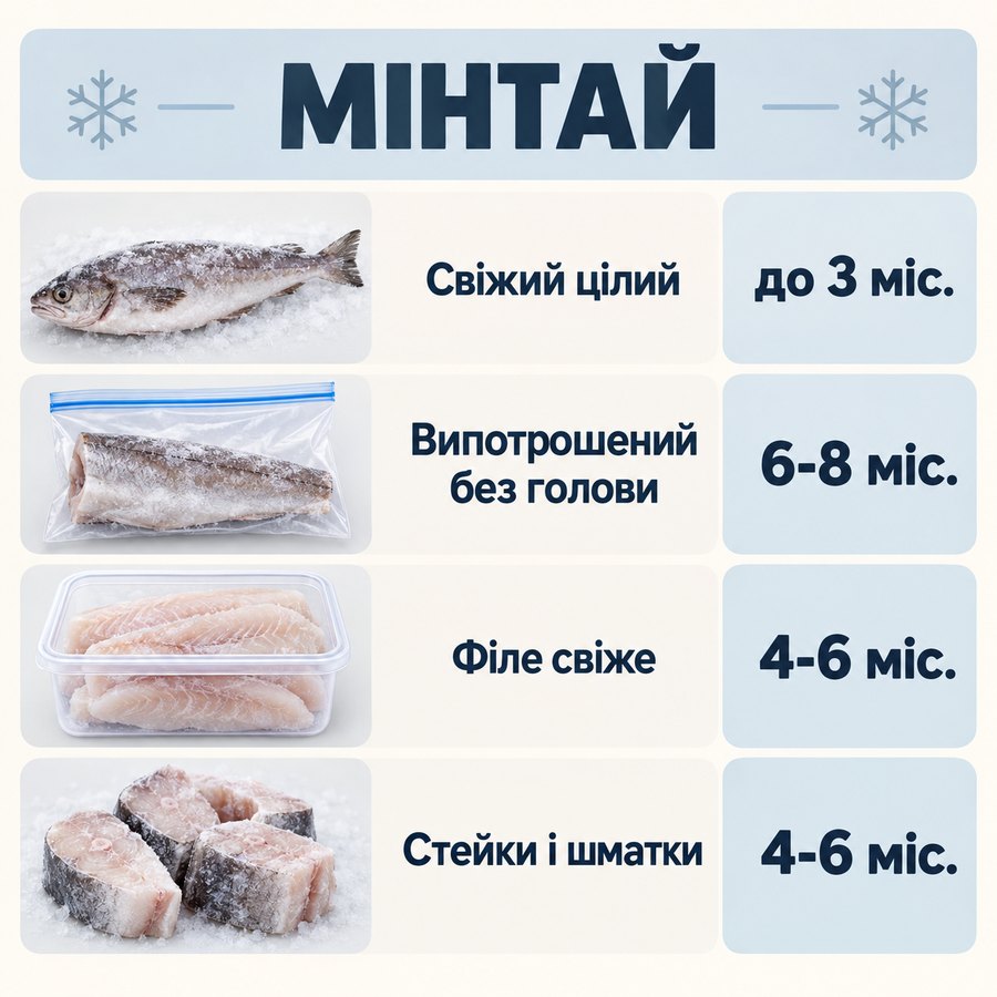 Терміни зберігання в морозилці: Мінтай - Свіжий цілий до 3 міс., Випотрошений без голови 6-8 міс., Філе свіже 4-6 міс., Стейки і шматки 4-6 міс.