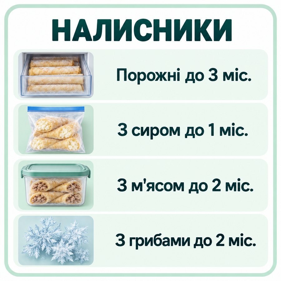 Терміни зберігання в морозилці: Налисники - Порожні до 3 міс., З сиром до 1 міс., З м'ясом до 2 міс., З грибами до 2 міс.