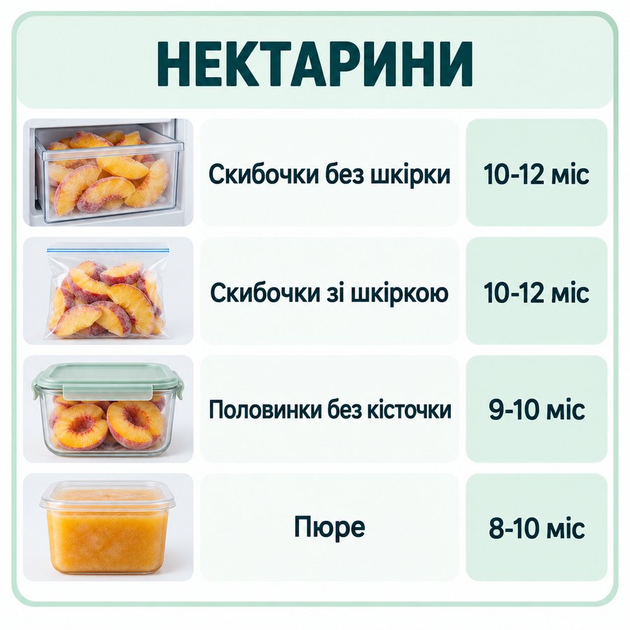 Терміни зберігання в морозилці: Нектарини - Скибочки без шкірки 10-12 міс, Скибочки зі шкіркою 10-12 міс, Половинки без кісточки 9-10 міс, Пюре 8-10 міс