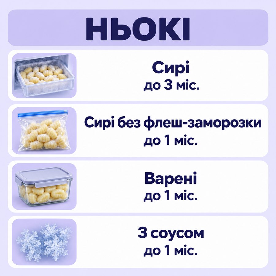 Терміни зберігання в морозилці: Ньокі - Сирі до 3 міс., Сирі без флеш-заморозки до 1 міс., Варені до 1 міс., З соусом до 1 міс.