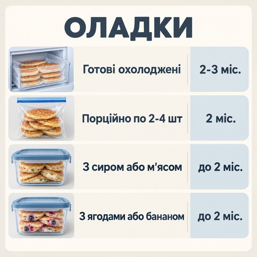 Терміни зберігання в морозилці: Оладки - Готові охолоджені 2-3 міс., Порційно по 2-4 шт 2 міс., З сиром або м'ясом до 2 міс., З ягодами або бананом до 2 міс.