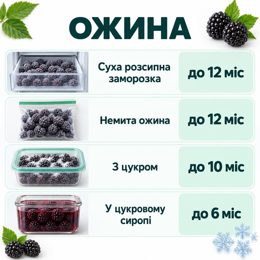 Терміни зберігання в морозилці: Ожина - Суха розсипна заморозка до 12 міс, Немита ожина до 12 міс, З цукром до 10 міс, У цукровому сиропі до 6 міс