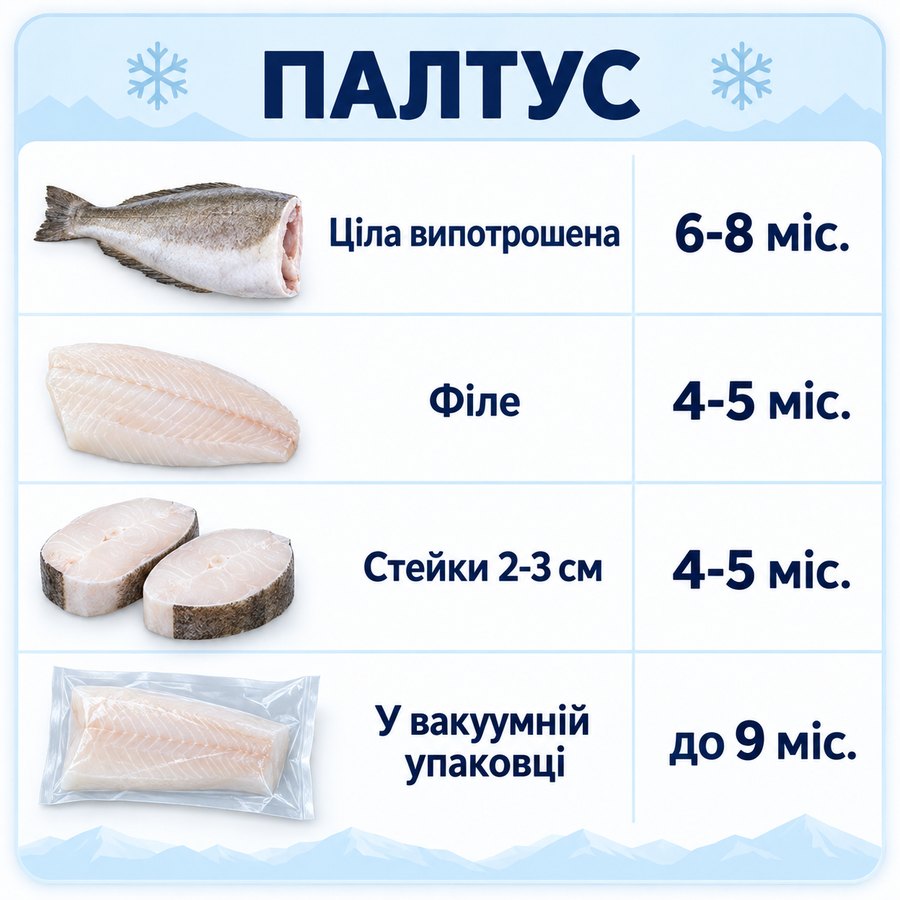 Терміни зберігання в морозилці: Палтус - Ціла випотрошена 6-8 міс., Філе 4-5 міс., Стейки 2-3 см 4-5 міс., У вакуумній упаковці до 9 міс.