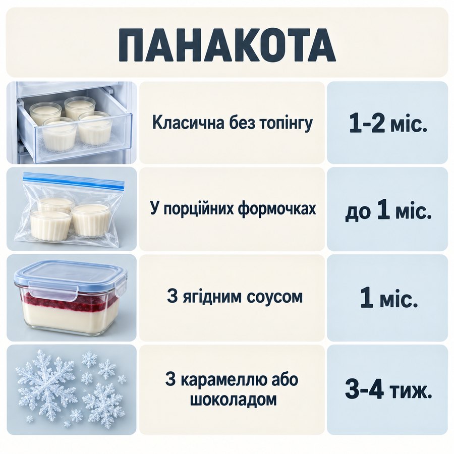 Терміни зберігання в морозилці: Панакота - Класична без топінгу 1-2 міс., У порційних формочках до 1 міс., З ягідним соусом 1 міс., З карамеллю або шоколадом 3-4 тиж.