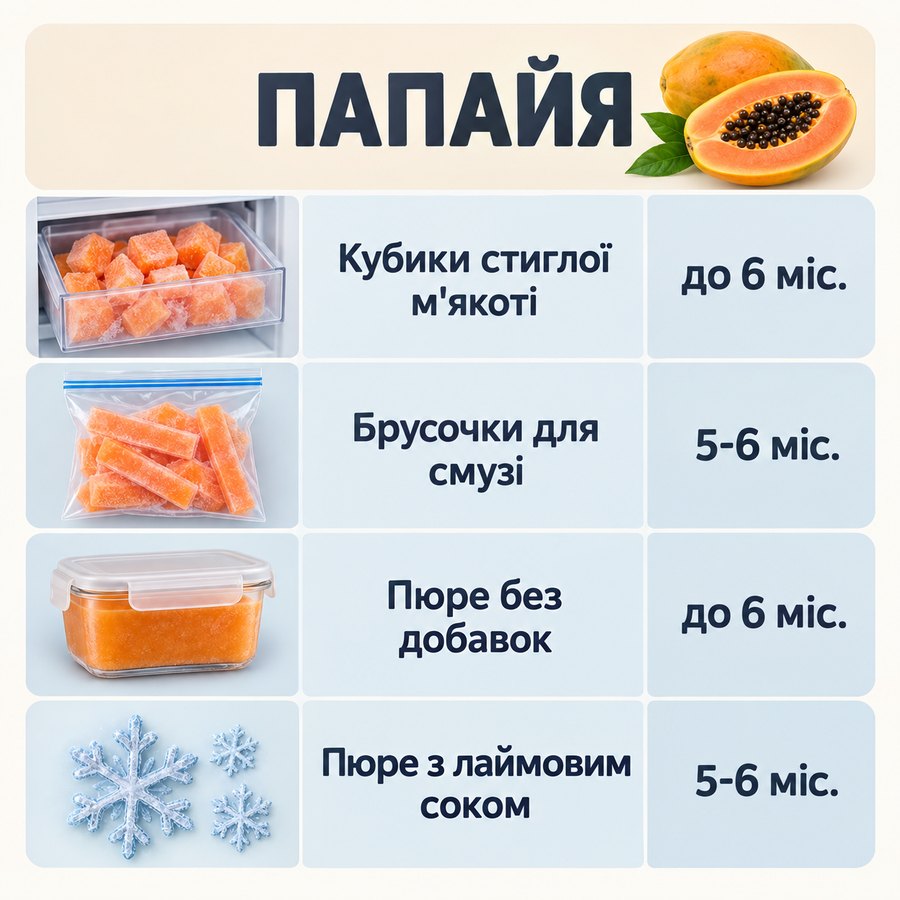 Терміни зберігання в морозилці: Папайя - Кубики стиглої м'якоті до 6 міс., Брусочки для смузі 5-6 міс., Пюре без добавок до 6 міс., Пюре з лаймовим соком 5-6 міс.
