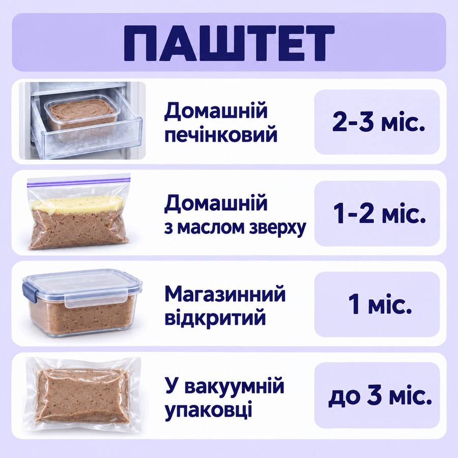 Терміни зберігання в морозилці: Паштет - Домашній печінковий 2-3 міс., Домашній з маслом зверху 1-2 міс., Магазинний відкритий 1 міс., У вакуумній упаковці до 3 міс.