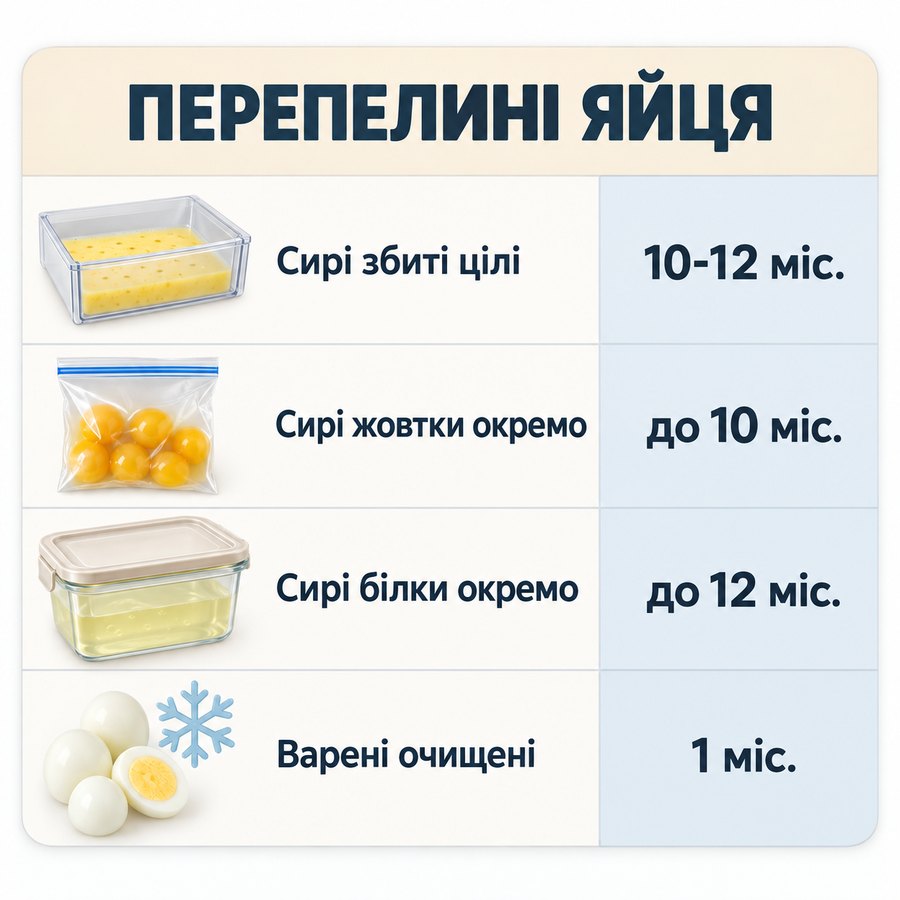 Терміни зберігання в морозилці: Перепелині яйця - Сирі збиті цілі 10-12 міс., Сирі жовтки окремо до 10 міс., Сирі білки окремо до 12 міс., Варені очищені 1 міс.