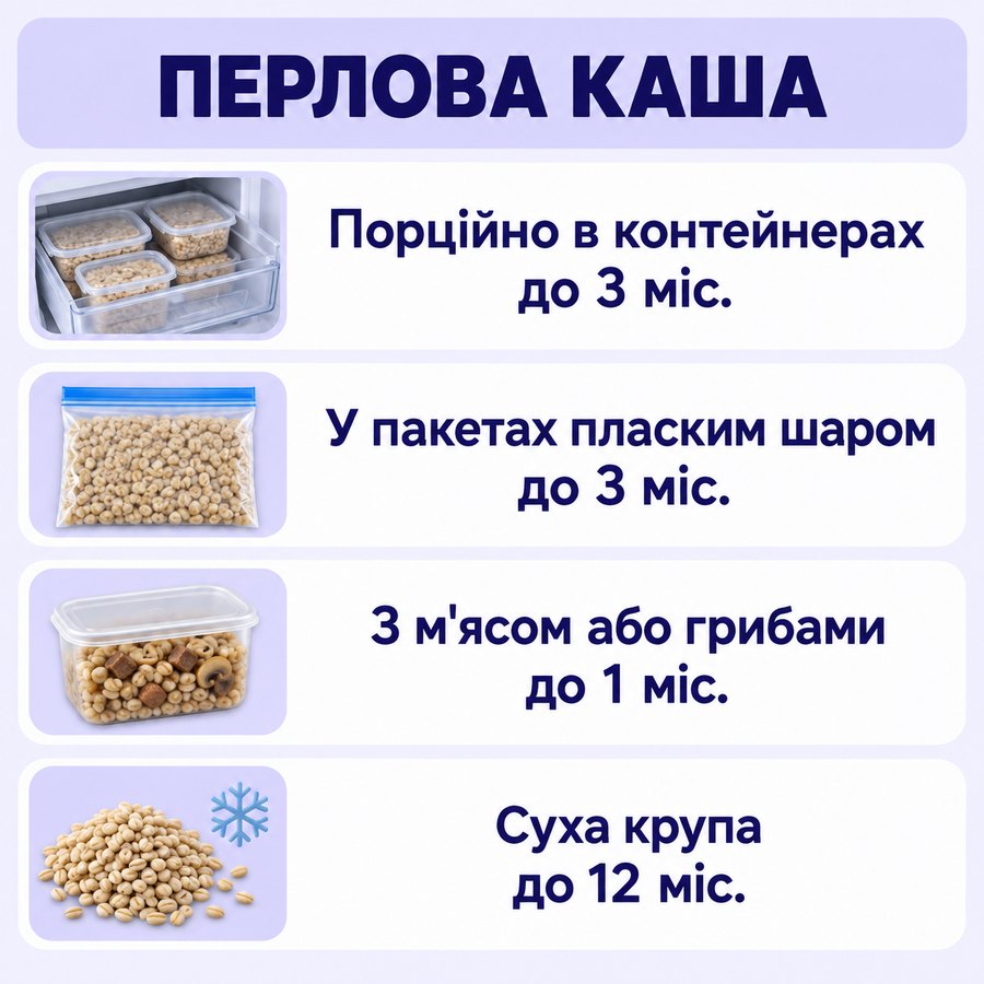 Терміни зберігання в морозилці: Перлова каша - Порційно в контейнерах до 3 міс., У пакетах пласким шаром до 3 міс., З м'ясом або грибами до 1 міс., Суха крупа до 12 міс.
